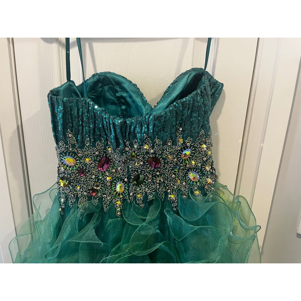 Emerald Green High Low Dress Sequin Crystal Embellished Ruffle Gown Strapless SM - Picture 10 of 17